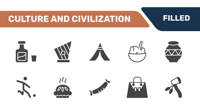 culture and civilization icon set with orujo, kankles, native american wigwam, native american axes signs in filled style. solid icons for ui, web and printing