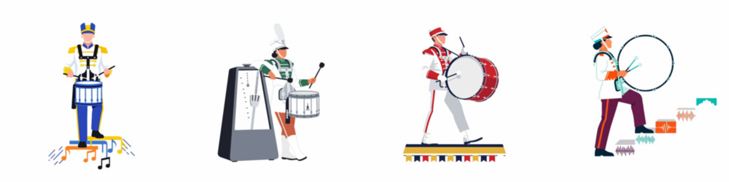 Set of flat vector illustrations depicting marching band drummers in colorful uniforms playing snare and bass drums with musical elements on a white background