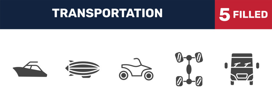 transportation icon set with yacht navigate, blimp, chassis, van front view signs in filled style. solid icons for ui, web and printing