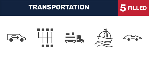 Obraz premium transportation icon set with recirculation, shift, sailing, formula 1 signs in filled style. solid icons for ui, web and printing