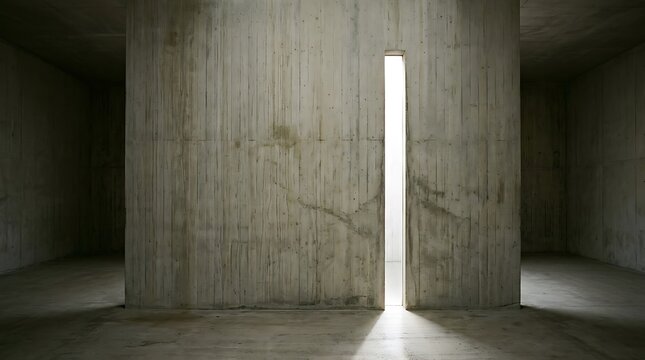 Minimalist concrete interior with light beam shining through a narrow slit