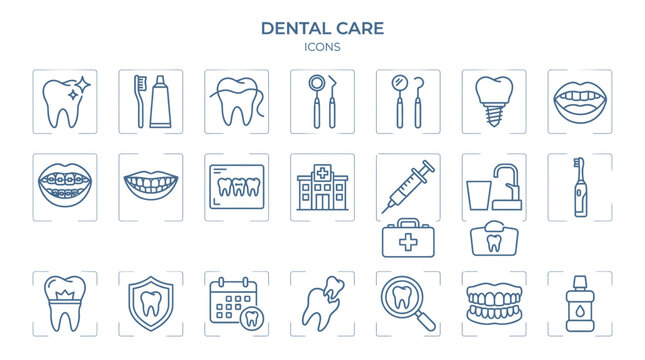 Dental Care Icons Set: Oral Hygiene, Toothbrush, Dentist Tools, Implant, Smile