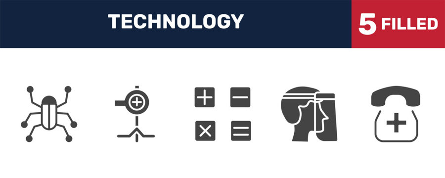 technology icon set with robot insect, pitching hine, face shield, hospital phone signs in filled style. solid icons for ui, web and printing