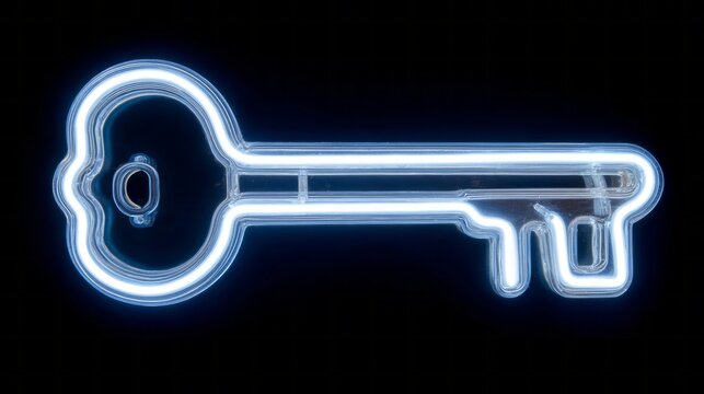 Glowing neon key in dark background representing digital security, cyber protection, advanced technology, secure access, innovation, success, future opportunity, data privacy, encryption, modern virtu