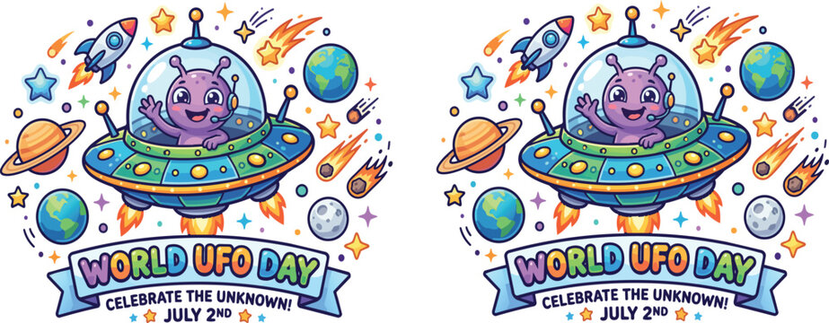 Cute purple alien flying a colorful spaceship with stars and planets in a fun cartoon vector illustration on transparent background