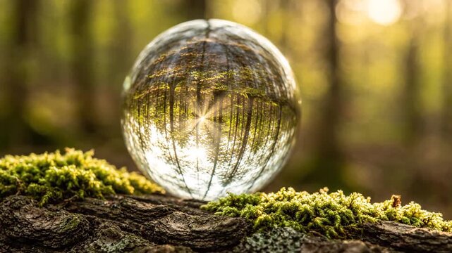 Crystal ball with an inverted image of a sunlit green forest on a mossy branch, abstract nature concept