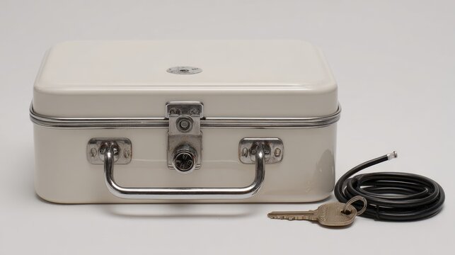 Portable safe box with key, carry handle and security cable isolated on white background, compact lockable security case for cash, documents, valuables and travel protection, realistic product photogr