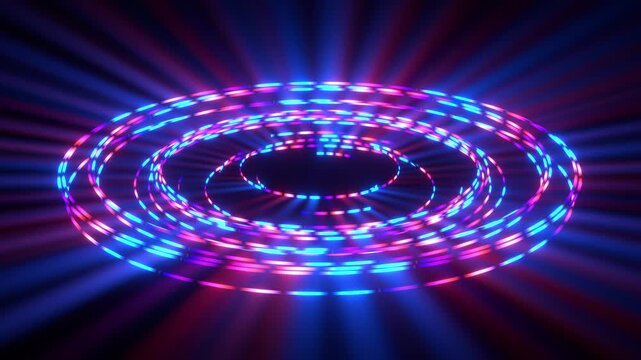 Colorful neon vortex loop with rotating light rays, abstract multi color neon carousel spinning on black background, 4k looped animation.