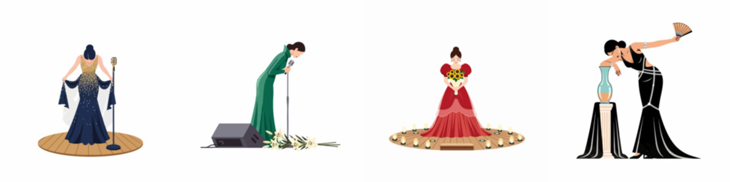 Set of four illustrations featuring elegant women in glamorous evening gowns performing on stage, showcasing themes of music, performance, and sophistication.
