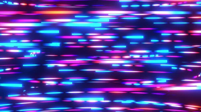 Abstract blue and purple neon lines moving horizontally on black background, futuristic cyber data stream concept 4k loop animation.