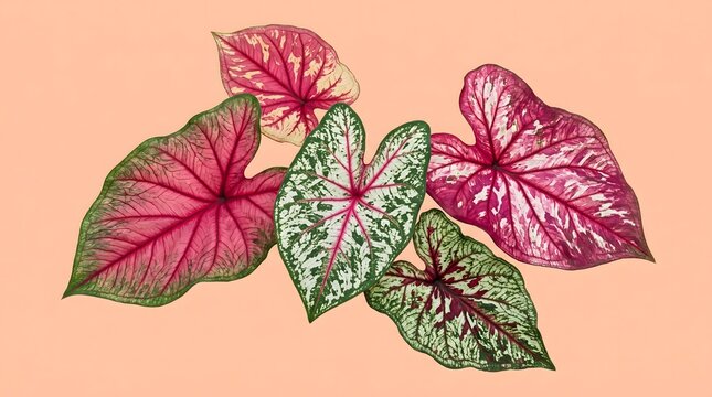 Tropical Caladium heart shaped leaves with vibrant pink and green variegation on a pastel peach background