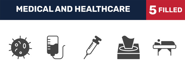 Naklejka premium medical and healthcare icon set with microbe, iv, tissue paper, illness on bed signs in filled style. solid icons for ui, web and printing