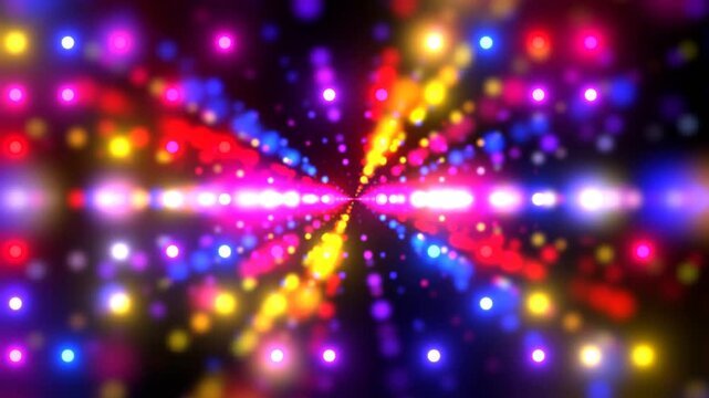 Dynamic multicolor light rays exploding from center, radial symmetry of colorful light beams flashing with bokeh on black background, 4k animation.