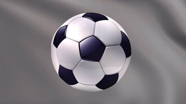 Soccer ball on waving gray flag background, football concept computer animation.
