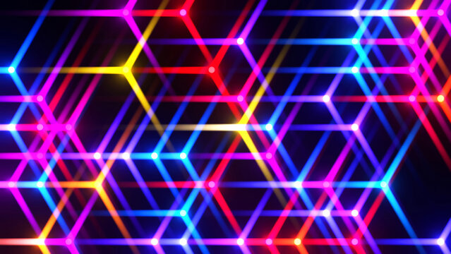 Colorful stars glowing on black background, neon colored abstract background.