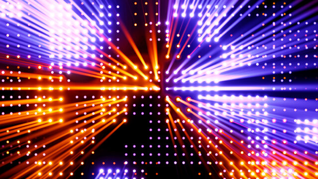 Technological background, colorful neon dots with light beams on a black background, data cloud, data storage and processing concept.
