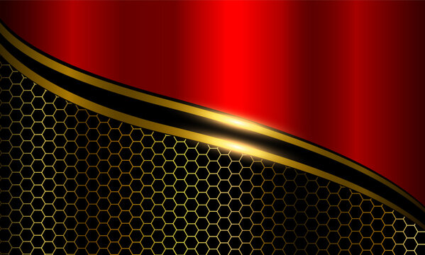 Abstract luxury red and gold background with carbon fiber hexagon pattern, elegant futuristic gold wave background.