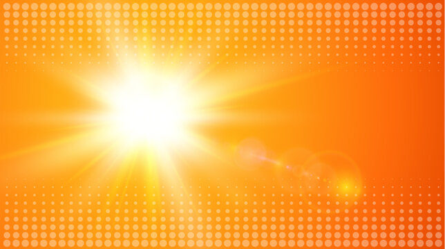 Hot sun with lens flare on orange background with halftone pattern. Climate change and extreme weather and global warming concept abstract background.