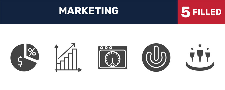 marketing icon set with margin, yield, on, affiliate signs in filled style. solid icons for ui, web and printing