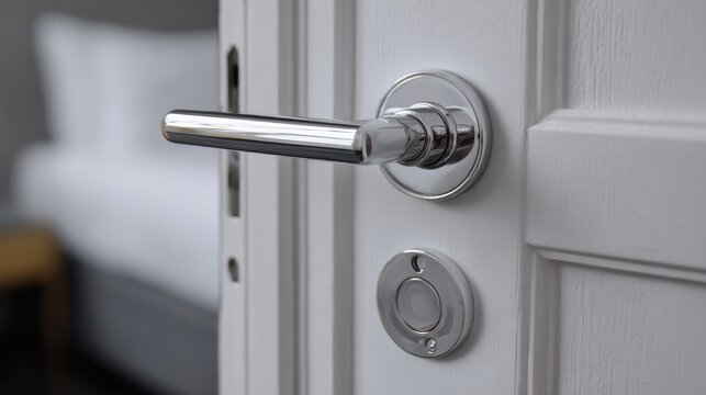 Slightly open white hotel room door with electronic magnetic lock, wireless key card reader, chrome door handle, modern hospitality security, contemporary interior entrance, smart access control syste