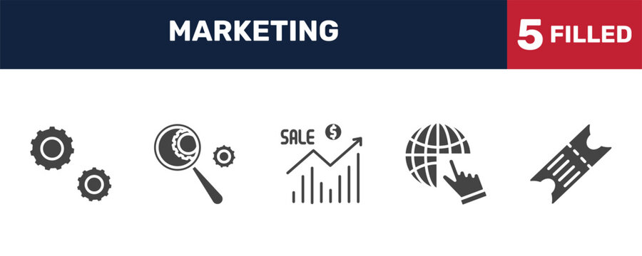 marketing icon set with service, analyze, web cursor, eticket signs in filled style. solid icons for ui, web and printing