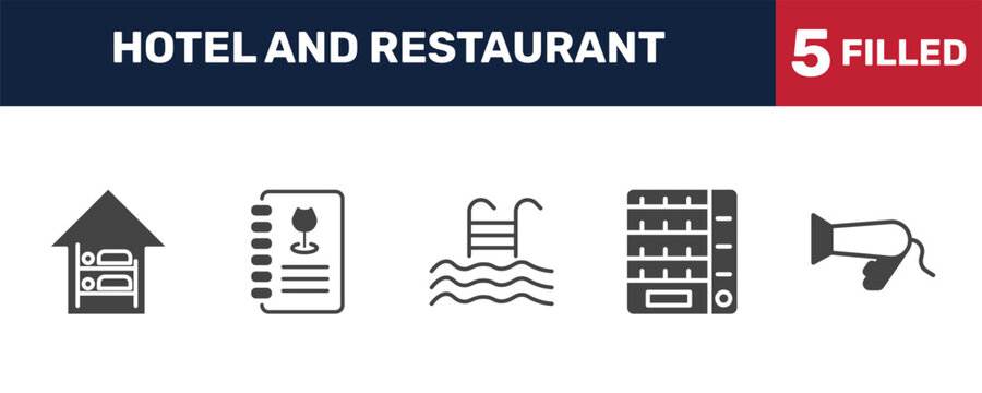hotel and restaurant icon set with hostel, wine menu, vending hine, hairdryer signs in filled style. solid icons for ui, web and printing