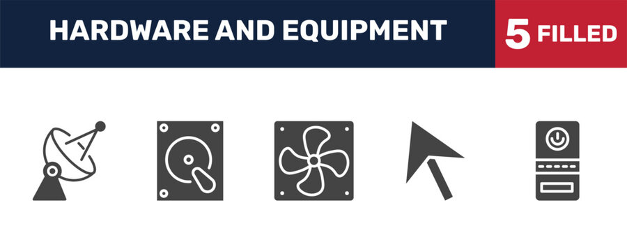 hardware and equipment icon set with parabolic, harddrive, mouse pointer, computer case signs in filled style. solid icons for ui, web and printing