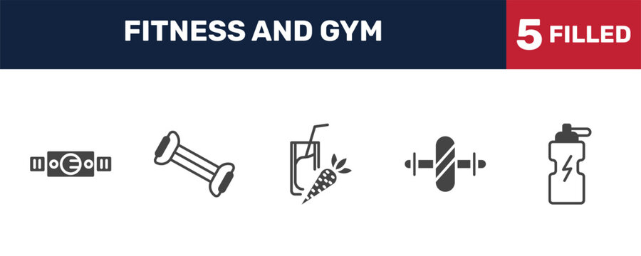 fitness and gym icon set with fitness belt, chest expanders, gymnastic roller, fitness drink signs in filled style. solid icons for ui, web and printing