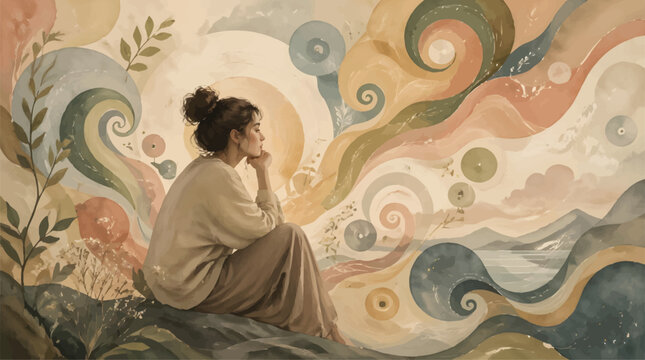 Woman sitting on rock contemplating colorful abstract dreamscape, artistic imagination, inner peace, creative inspiration, mindful reflection
