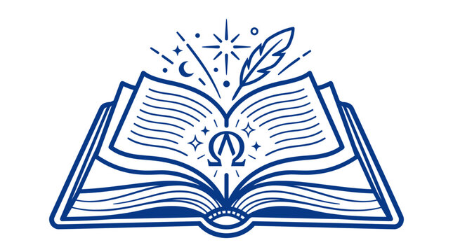 Open Book with Feather, Moon, Stars and Alpha Omega Symbols - Concept of Knowledge and Wisdom