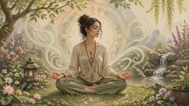 Serene Woman Meditating in Lush Zen Garden with Waterfall and Blooming Flowers, Spiritual Wellness and Mindfulness Concept