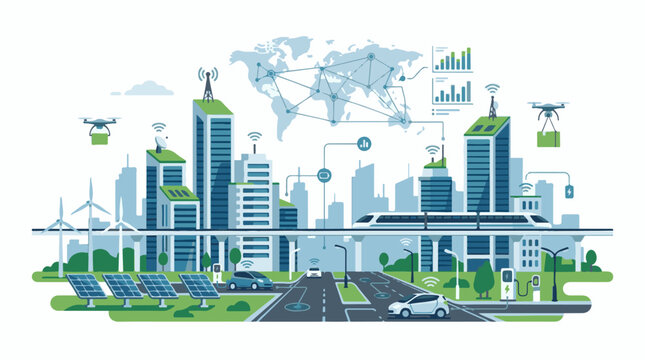 Futuristic city with renewable energy autonomous vehicles and drones