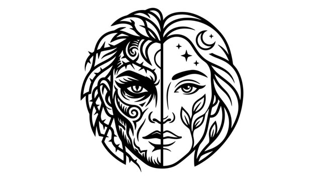 Split Face Symbol: Nature vs. Mysticism, Duality Concept, Black and White