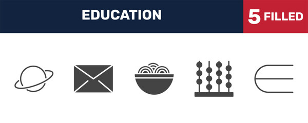 education icon set with planet saturn, closed envelope, abacus, is an element of signs in filled style. solid icons for ui, web and printing © Abstract