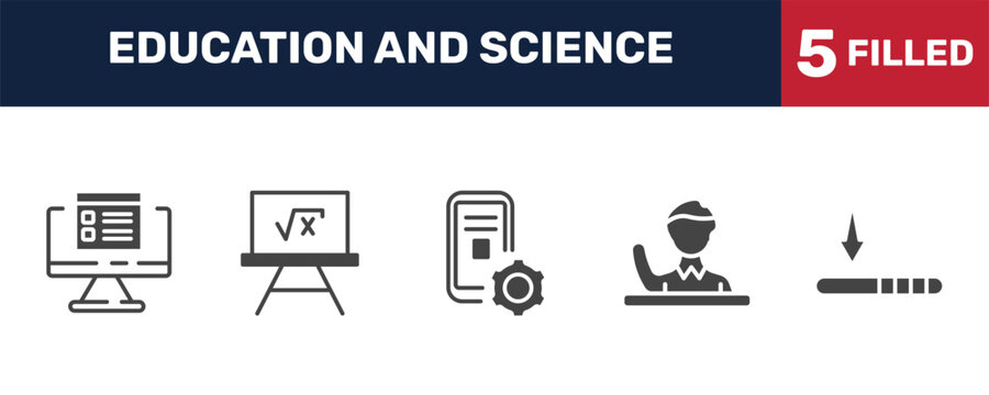 education and science icon set with online test, square root in class, raise hand, window scrolling left signs in filled style. solid icons for ui, web and printing