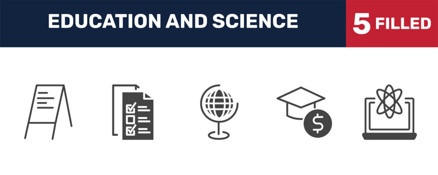 education and science icon set with flip chart, final test, business education, educational platform signs in filled style. solid icons for ui, web and printing