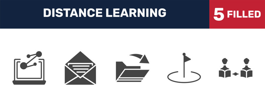 distance learning icon set with science in a laptop, open email, flag point, asynchronous learning signs in filled style. solid icons for ui, web and printing