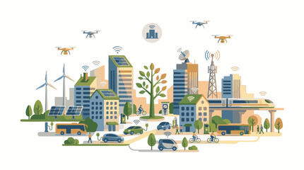Obraz premium Futuristic city with renewable energy electric vehicles and drones