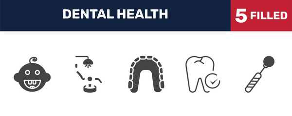 dental health icon set with baby dental, dental chair, checkup, mouth mirror signs in filled style. solid icons for ui, web and printing © Abstract