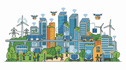 Fototapeta premium Futuristic city showcases renewable energy drones and smart transport