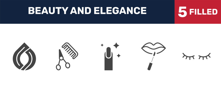beauty and elegance icon set with hair sample, barber shop, lip gloss, two eyelashes signs in filled style. solid icons for ui, web and printing