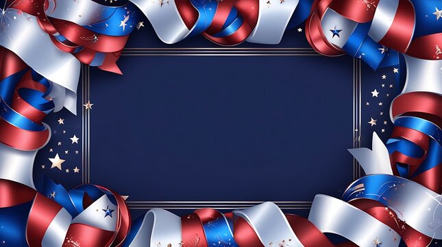 Elegant patriotic ribbon frame with stars on navy blue background.