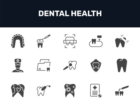 dental health icon set with maxilla, dental x ray, partial denture, interproximal signs in filled style. solid icons for ui, web and printing