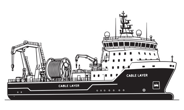 Cable laying ship silhouette, cable layer vessel, offshore sea, vector isolated on white