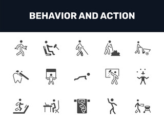 Fototapeta premium behavior and action icon set with man with tool, man with broken leg, man digging, signs in filled style. solid icons for ui, web and printing