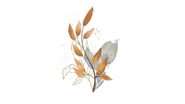 Watercolor wreath with orange blue foliage and gold glitter branches. Ideal for wedding invitations, greeting cards, and stationery design. Alpha channel.