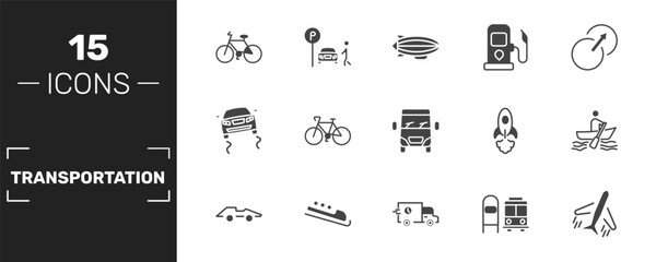 Obraz premium transportation icon set with bicycle side view, blimp, petrol station, flights signs in filled style. solid icons for ui, web and printing