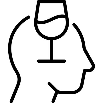 Alcoholism, alcohol addiction, thin line icon. Wine glass in human head silhouette. Bad habit. Vector illustration.