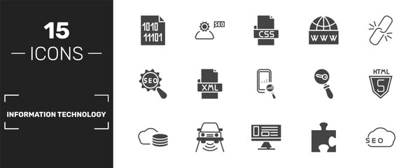 Fototapeta premium information technology icon set with binary file, css, web domain, seo signs in filled style. solid icons for ui, web and printing
