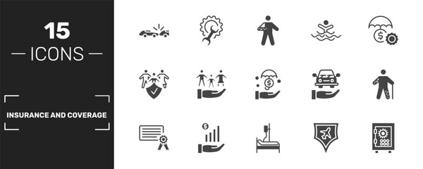 Fototapeta premium insurance and coverage icon set with rear end collision, broken arm, drown, bank safe signs in filled style. solid icons for ui, web and printing